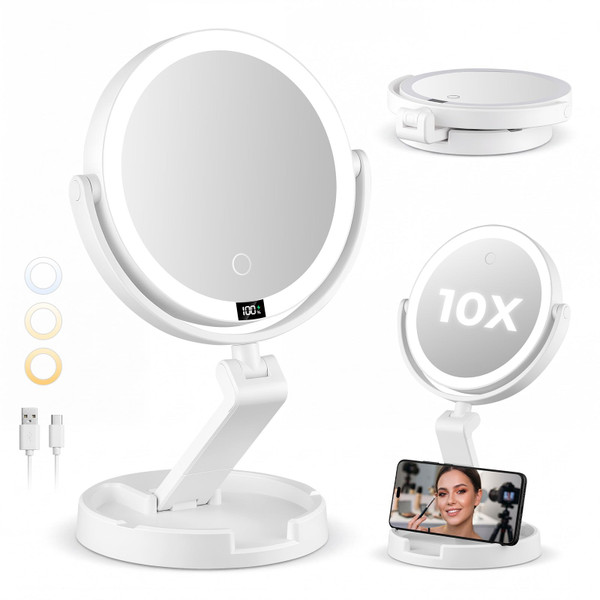 Brightown Lighted Travel Makeup Mirror,1X & 10X Magnification,3 Light Modes