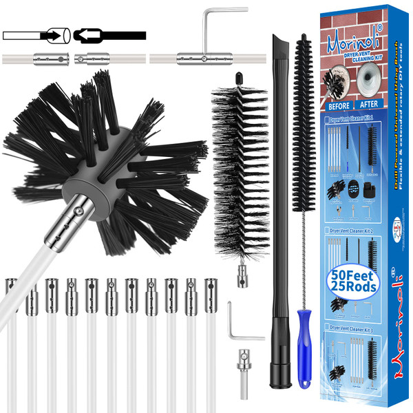 50 Feet Dryer Vent Cleaning Kit for Drill Lint Removes Dryer Vent Cleaning System Dryer Vent Cleaner Kit Vacuum Attachment Dryer Vent Nozzle Hose Attachment Dryer Lint Brush Vent Trap Cleaner