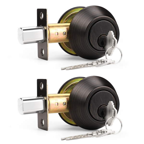 Probrico Oil Rubbed Bronze Round Double Cylinder Deadbolt Lock, Keyed Both Side Door Lock, Keyed Alike Combo 2 Pack