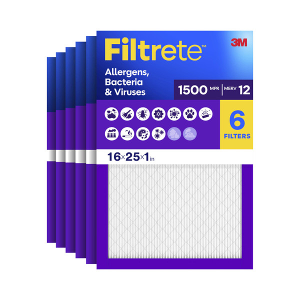Filtrete 16x25x1 Air Filter, MERV 12, MPR 1500, Allergens, Bacteria & Viruses, 3-Month AC and Furnace Filters, Cleaner Air, Reliable Airflow, 6 HVAC Filters (Actual Size 15.62 x 24.62 x 0.78 in)