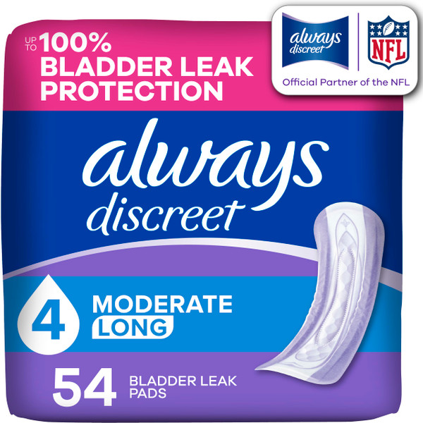 Always Discreet Adult Incontinence Pads for Women, Drier, 4 Drop Long Length, Moderate Absorbency, Pads for Bladder Control Management, Bladder Leaks, & Postpartum Pads, 54ct