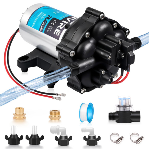 [Upgraded Version] 12V DC RV Fresh Water Pump, 7GPM 70PSI, Five Chamber Self-Priming Diaphragm Pump with Heavy Duty Pressure Switch & Strainer for RV, Marine, Yacht, Caravan, Camper (12V-7GPM-70PSI)