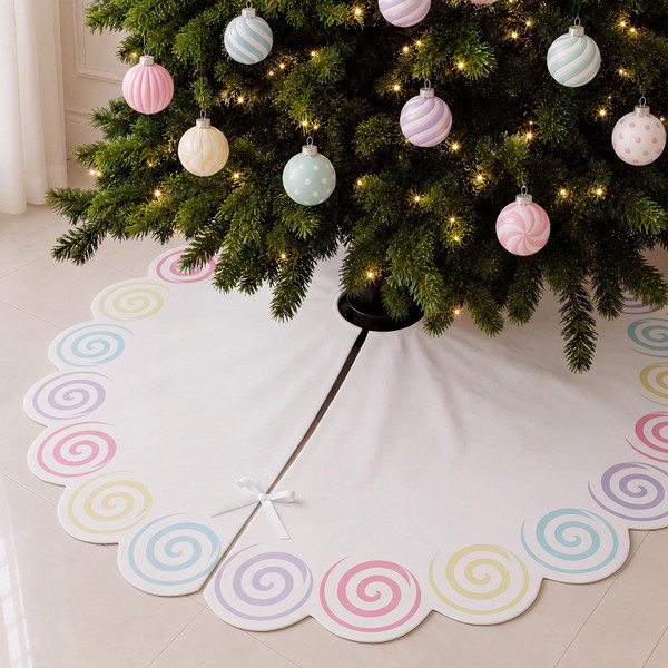 Blueweenly Pastel Candy Cane Christmas Tree Skirt 48 Inch Candy Swirl Christmas Tree Skirt with Scalloped Edge Sweet Peppermint Mat Decorations for Xmas Winter Home Office Decoration Party Supplies