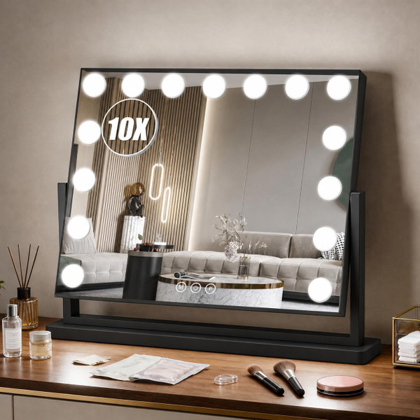 Bearolve Vanity Mirror with Lights, 23"×19" Hollywood Makeup Mirror with 15 Dimmable Bulbs, 3-Color Lighting, Dimmable, 360° Rotation, 10x Magnification, Desk Mirror, Bedroom (Black)