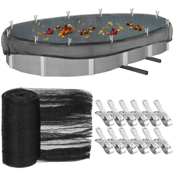 33 X 18 Ft Oval Swimming Pool Leaf Net Cover,Pool Winter Cover Mesh Cover with 12 Pcs Large Metal Clips, Pool Safety Net Fits 15x30 Above Ground Pools, Keeps Leaves Out of Your Pool