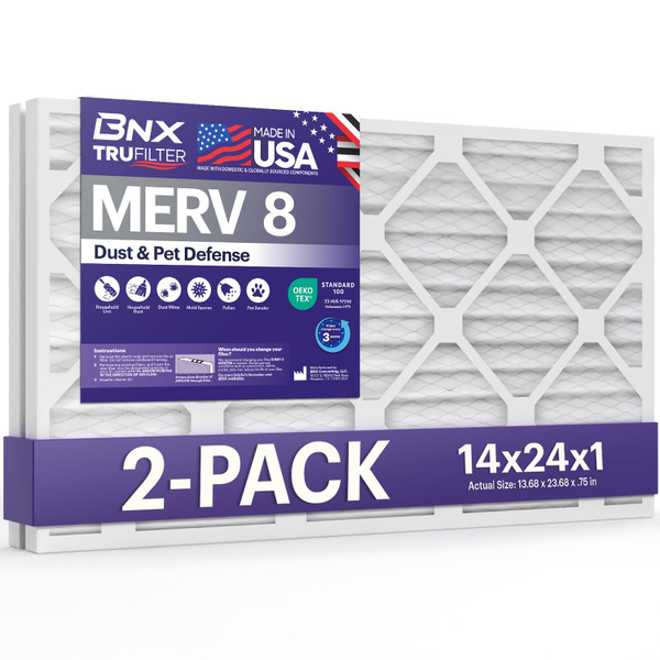 BNX TruFilter 14x24x1 Air Filter MERV 8 (2-Pack) - MADE IN USA – Dust & Pet Defense Air Conditioner HVAC AC Furnace Filters for Dust, Pet, Mold, Pollen MPR 600 – 700 & FPR 5