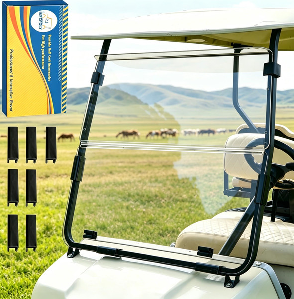 Mixopoly Golf Cart Windshield for Club Car DS 2000.5-up, 3/16" Thick Foldable Clear Acrylic, Anti-UV, Impact Resistant & Waterproof, For All-Weather Driving Comfort