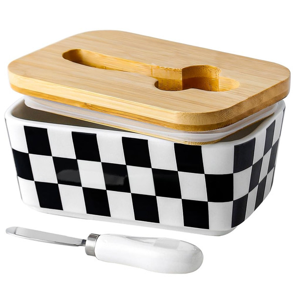 Butter Dish with Lid for Countertop, Checkered Ceramic Butter Container, Embossed Butter Keeper with Bamboo lid, Knife, and Airtight Cover, Cute Kitchen Farmhouse Decor (Black-White)