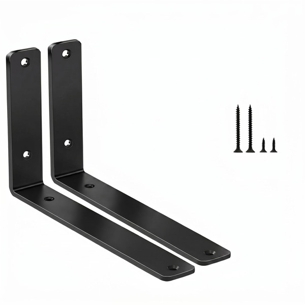 2 Pack - L 10" x H 6" x W1.5, 5mm Thick Black L Shelf Bracket, Iron Shelf Brackets, Metal Shelf Brackets, Floating Shelf, Shelf Supports with Screws