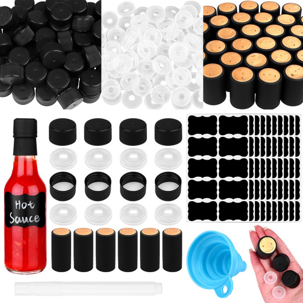 HCEWSBFD 100Pack-402Pcs Leak-Proof Black Screw Caps Orifice Reducer Screw Caps Shrink Capsules Bands,Labels,Silicone Collapsible Funnel,Marker for Homemade Hot Sauce Bottles 5oz Oils DIY Crafts