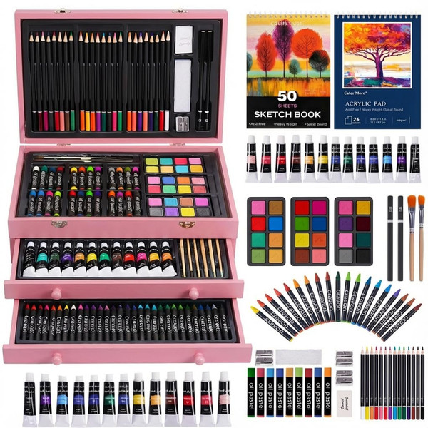 175-Pack Deluxe Wooden Art Set Drawing Painting Kit with 2 Drawing Pads, Acrylic Paints, Colored Pencils, Crayons, Paint Brush, Art Kit in Wooden Case, Gift for Artist, Adults, Teens and Kids
