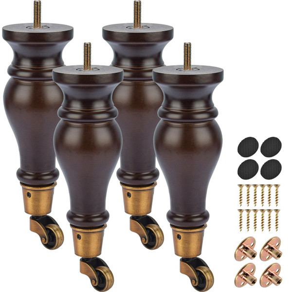 La Vane 9 inch Solid Wood Bun Feet for Furniture with Castor,4PCS, Walnut