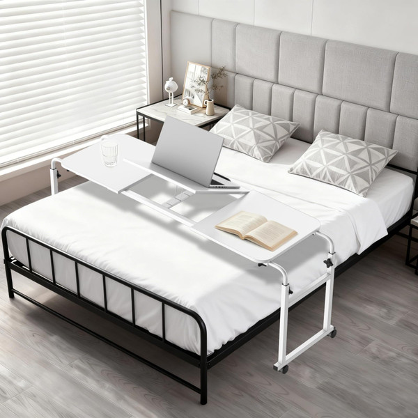 ApexRoam Overbed Desk with Wheels, Adjustable Height Over The Bed Table, King Queen Mobile Over Bed Desk, Overbed Table with Tiltable Tabletop for Laptop and Bedroom Work (White, 55 * 16IN Tiltable)