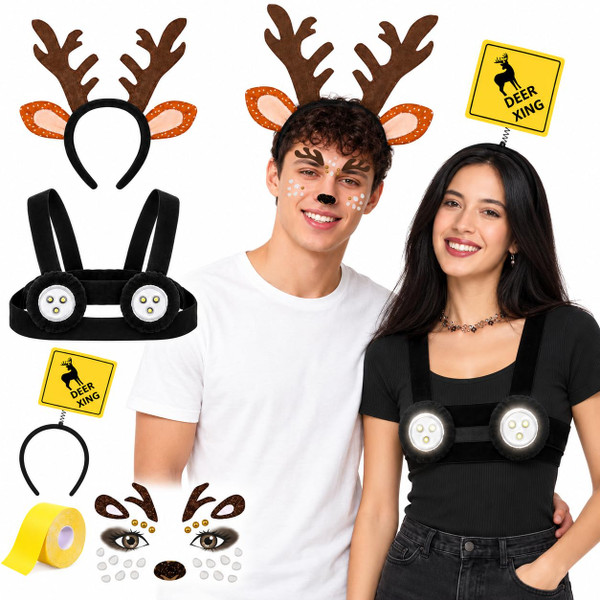 JcHrmers 5 Pcs Halloween Deer and Headlights Couple Costume Antler Headband Chest Harness Lights Crossing Sign Headband for Halloween Adult Men Women Cosplay Party