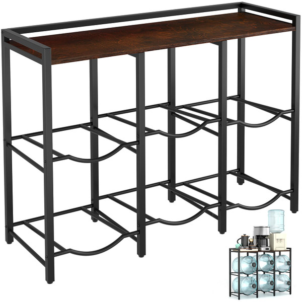 5 Gallon Water Jug Holder for 6 Bottles With Rustic Brown Wood Top Shelf - Heavy Duty Dispenser Stand for Home Kitchen/Office/Living Room