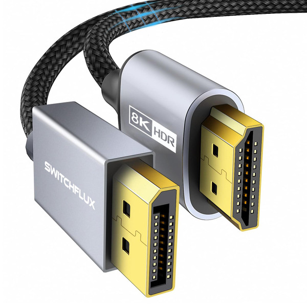 SWITCHFLUX 6FT DisplayPort to HDMI 8K Cable [8K@60Hz,4K@120Hz,2K@144Hz] Uni-Directional DP Source to HDMI Display, DisplayPort 1.4 to HDMI 2.1 Braided Cord for AMD,NVIDIA