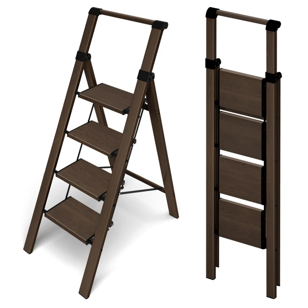 HillhutApex Aluminum 4 Step Ladder, Step Stool Foldable Ladder(Walnut)