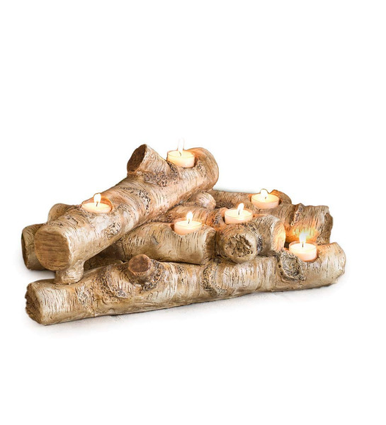 Plow & Hearth Faux Birch Wood Resin Logs Candle Holder for Fireplace | Romantic Ambiance Without Heat or Mess | Holds 8 Tea Lights| Realistic Sculpted Logs | 18" L x 10.5" W x 8" H (Birch)