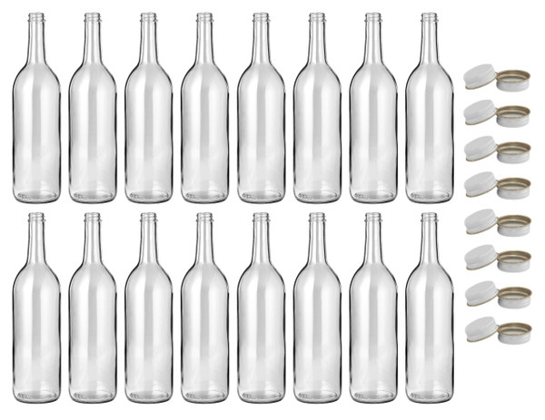 North Mountain Supply 750ml Clear Glass Bordeaux Wine Bottle Flat-Bottomed Screw-Top Finish - with 28mm White Metal Lids - Case of 16 - Fits 3 Gallons of Wine