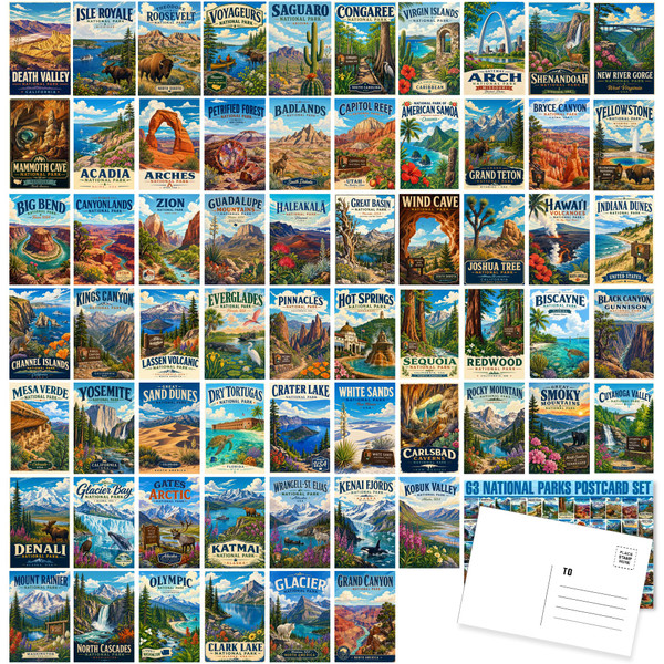 LCLAIDYDY 63 National Parks Postcard Set,Vintage Travel Posters Illustrations Postcards,National Parks Mailing Post Cards for Travelers 4x6