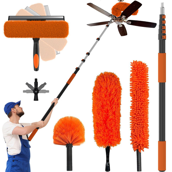 Buyplus 30FT Reach Dusting Kit, Long Duster with 5-24FT Extension Pole for High Ceilings, Cobweb Duster, Microfiber Duster, Window Squeegee, Extendable Duster Cleaning Kit