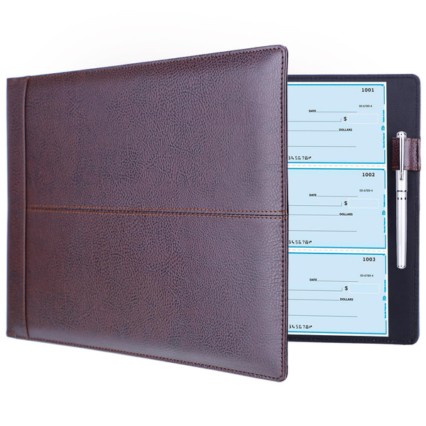 Antner 7 Ring Business Checkbook Binder for Business Checks, 600 Checks Capacity, PU Leather Check Book Binder Cover with Zipper Pouch, Executive Organizer Portfolio Holder for 9" x 13" Sheets, Coffee