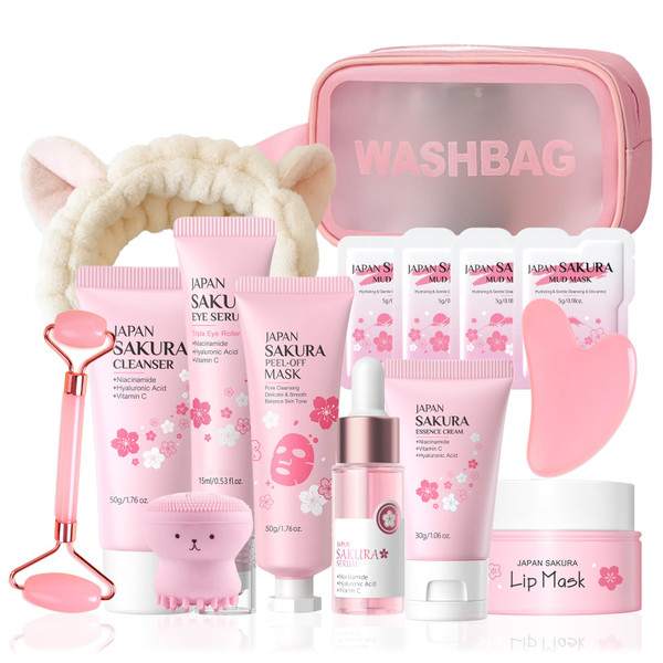 Japan Sakura Skin Care Set - Sakura Birthday Gifts For Teen Girls - Skin Care For Kids - 15 In 1 Skincare For Girls 10-12 Gift Set - Kids Skin Care Set For Girl Ages 8-12, All Skin Types Gua Sha