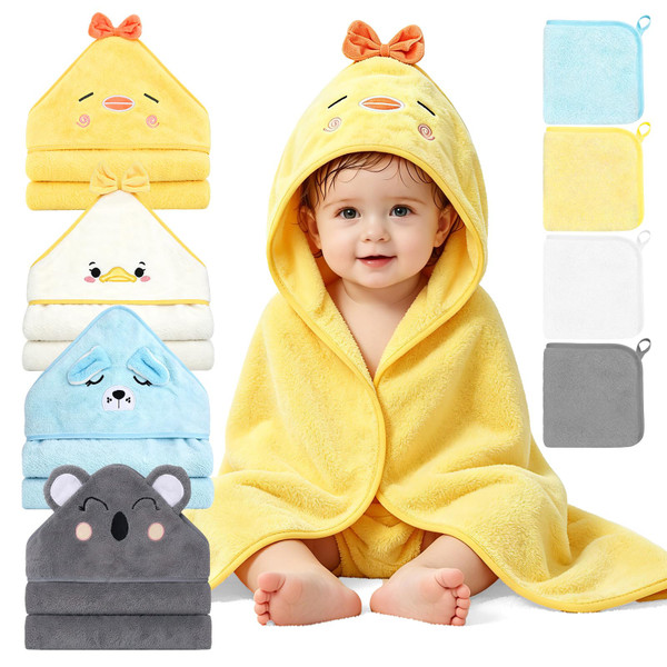 8 PCS Baby Bath Towels Set for Newborn Infants (Chick, Duck, Dog, Koala)