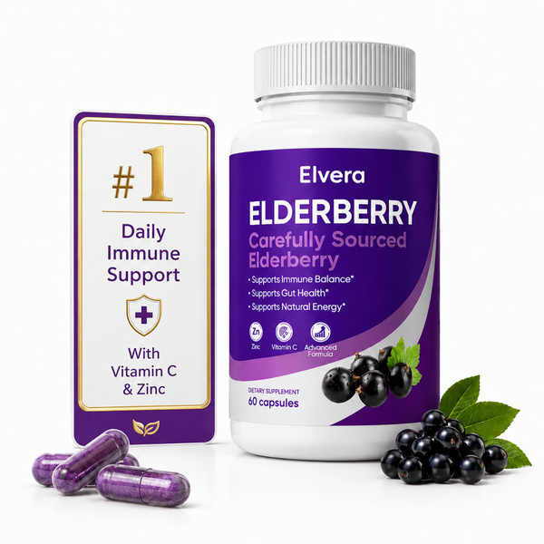 UOZXIL Elvera Elderberry Gut Support, 1200mg Elderberry Extract, Advanced Gut Support Complex with Vitamin C & Zinc, Daily Wellness Formula