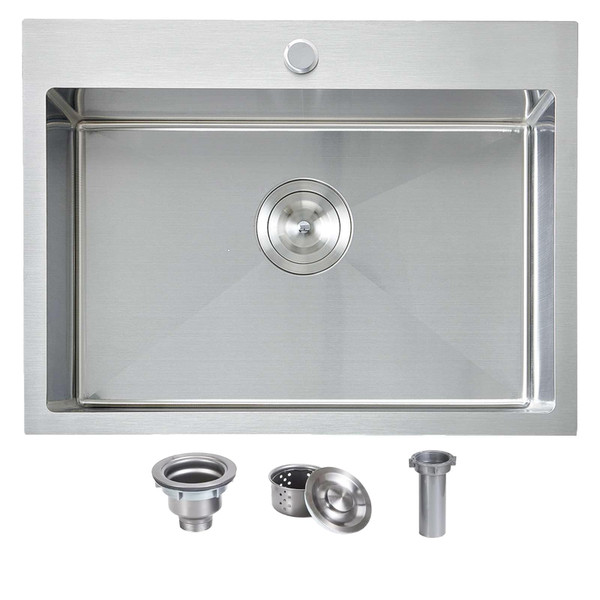 HOTIS 22x18 Inch Drop In Kitchen Sink, Stainless Steel Handmade Single Bowl Topmount Kitchen Sink, Brushed Nickel Prep Sink with Strainer