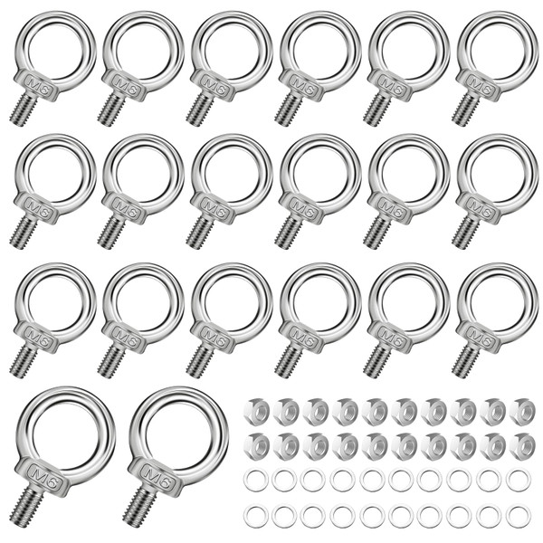 Elesunory 20 Pack Eye Bolts with Nuts, M6 Lifting Shoulder Eye Bolt, Stainless Steel Eye Bolts, Male Screw Threaded Eyebolt with Washer