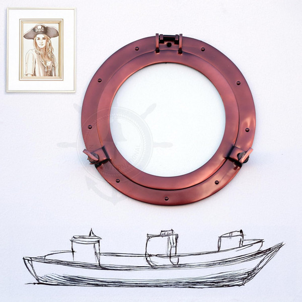 Antique Coke Copper Wall Mounted Nautical Premium Aluminum Vintage Mirror | Ship's Porthole Window | Pirate's Maritime Nautical Themed Decor (10 Inches, Light Antique Window).