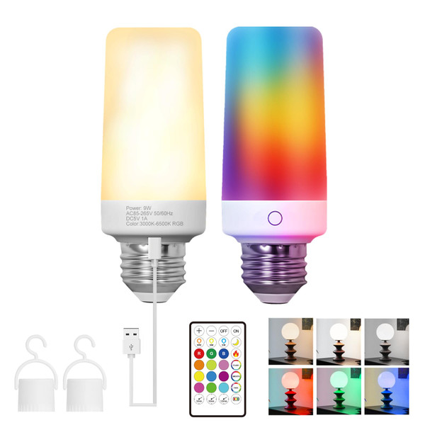 BWKVH 2PK Rechargeable Light Bulbs with Remote, Emergency Battery Operated Light Bulbs with Dual Recharging Ways, Tuned White 12 RGB Colors Optional Timer for Lamp Power Outages Camping Hurricane