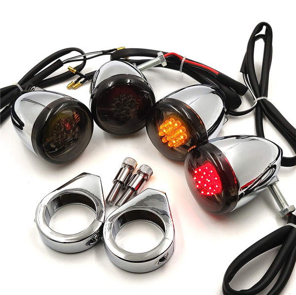 HTTMT MT224-013-CD+SM Chrome Motorcycle Turn Signals Light Kit Compatible with Harley Bullet LED 41mm Clamp Mount