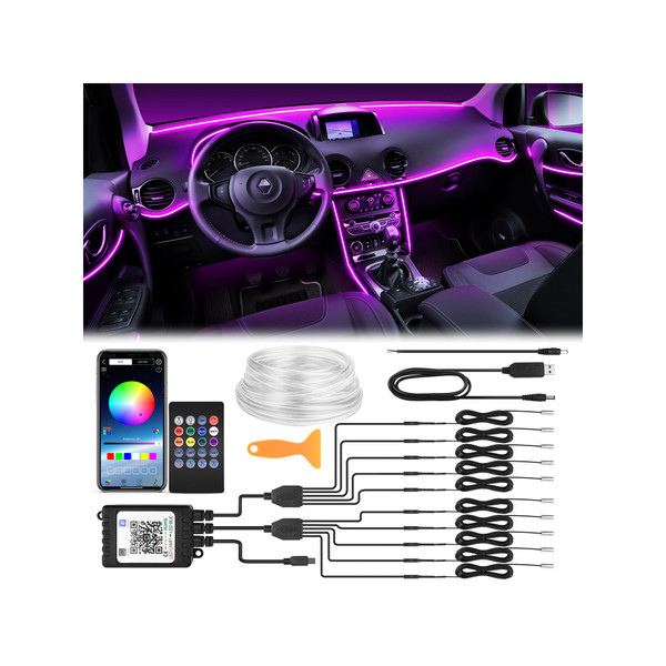 SS VISION Interior Car LED Strip Lights 470 inches Fiber Optic tubing USB Powered RGB 10 in 1 Car Neon with Wireless APP and Remote Control, Ambient Lighting Kits 16 Million Colors,Sync to Music