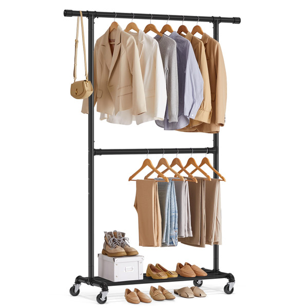 SONGMICS Heavy-Duty Clothes Rack, Double-Rod, Metal Frame on Wheels