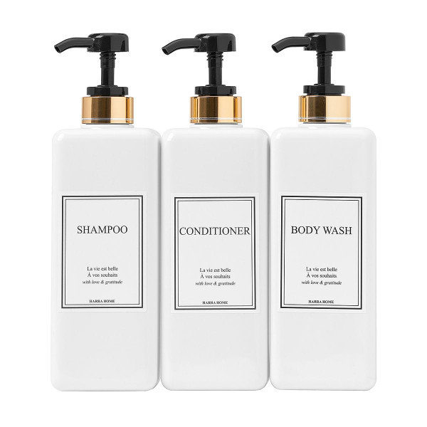 Modern Gold Design Shampoo and Conditioner Dispenser, Large 27oz, 6 Labels