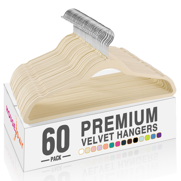 HOUSE DAY Beige Velvet Hangers 60 Pack, Premium Non Slip Clothes Hanger