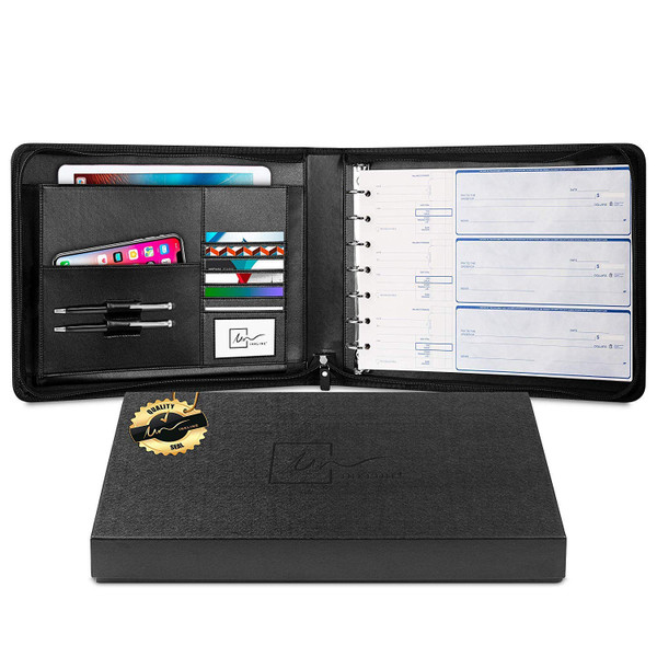 Inkline 7 Ring Check Binder Portfolio -Professional PU Leather Binder with Zippered Closure -500 Check Capacity -9x13 Inch Sheets -Document & Card Organizer - Large Tablet Pocket - Black (80001)