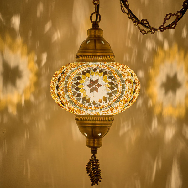 DEMMEX Plug-in Turkish Moroccan Mosaic Hanging Pendant Ceiling Light – Swag Lamp Fixture with 15ft Cord & Chain, Handcrafted Glass, Vintage Tiffany Style, Mediterranean Exotic Decor, Amber Brown