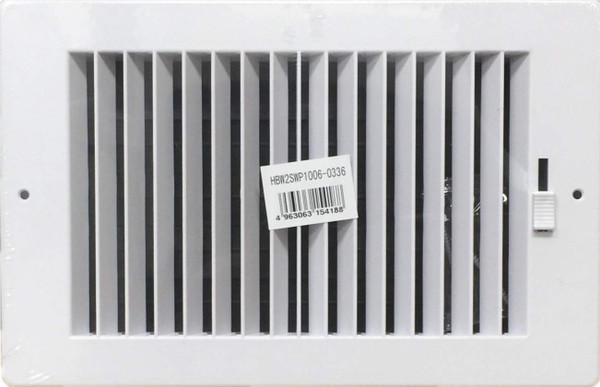 Two-way plastic side wall/ceiling register in white 10"w X 6"h for duct opening (outside dimension is 11.75"w X 8"h)