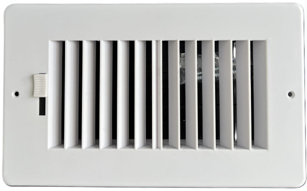 Two-way plastic side wall/ceiling register in white 8"w X 4"h for duct opening (outside dimension is 10"w X 6"h)