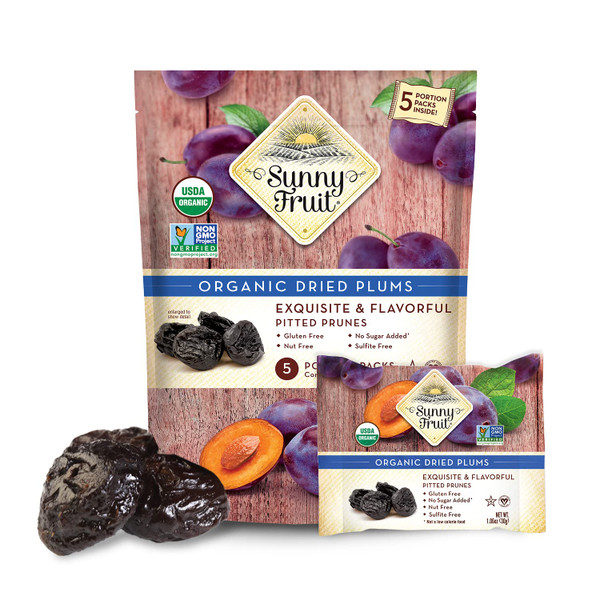 Sunny Fruit Soft Organic Pitted Prunes, 1 Bag (5 Portion Packs)