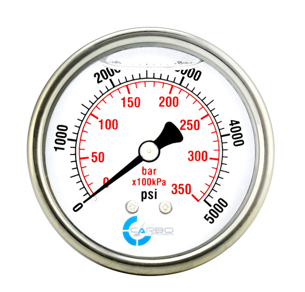 CARBO Instruments 2" Pressure Gauge, Stainless Steel Case, Chrome Plated Brass Connection, Liquid Filled, 0-5000 psi/kPa, Back Mount 1/4" NPT