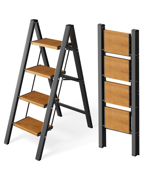 Taranta 4 Step Stool Foldable,Aluminum Step Ladder-BlackWoodgrain