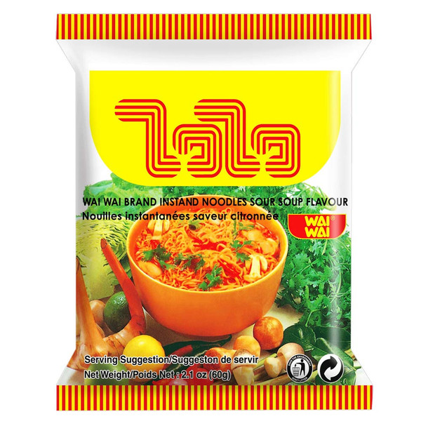 30 Pack of Wai Wai Sour Soup Flavored Instant Noodles, 60g