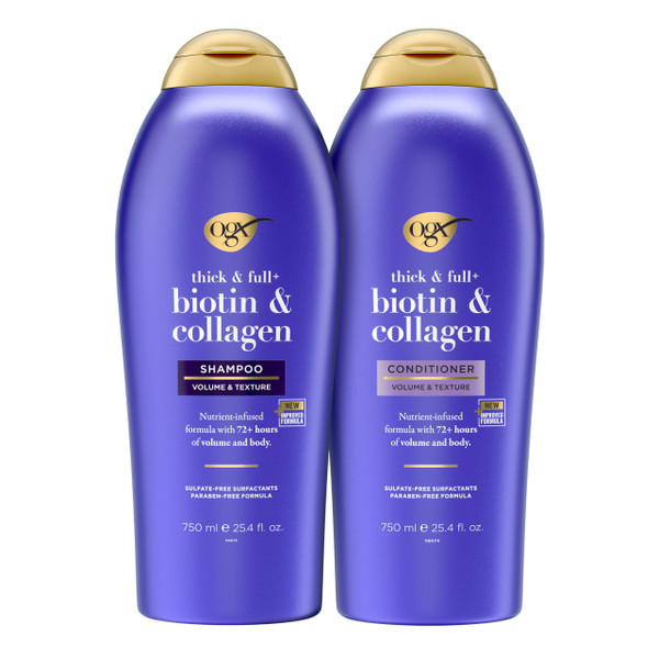 OGX Shampoo and Conditioner Set, Thick and Full + Biotin and Collagen, Purple, Helps Thicken and Texturize Hair, Ideal for Flat to Medium Volume Hair, 25.4 FL OZ, 2 Pack