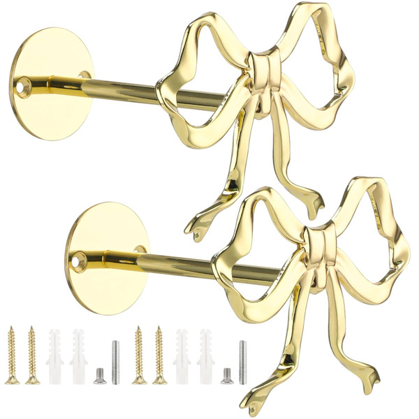 2 PCS Bow Curtain Holdbacks, Golden Metal Bow Curtain Block for Drapes, Wall Mounted Bow Curtain Tiebacks, Decorative Curtain Holders for Living Room Bedroom Office Home Window