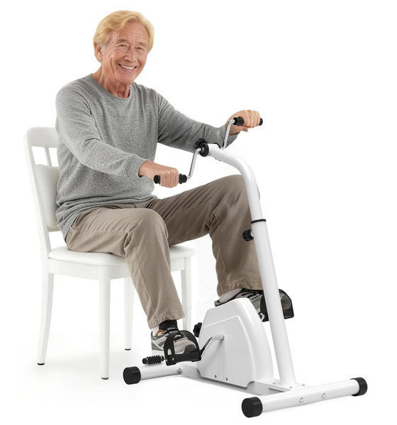 HOMGIM 2-in-1 Pedal Exerciser for Arms & Legs – Adjustable Resistance Sit-Down Bike for Seniors, Stroke Recovery & Physical Therapy – Portable Under Desk Knee Peddler for Home Rehab（White）
