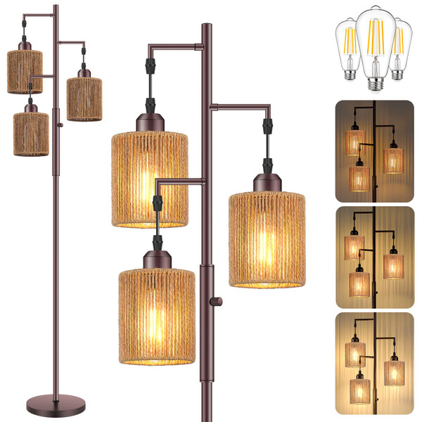 Hotsonic 72" Boho Rattan Tree Floor Lamp, Tall Dimmable Industrial Standing Lamp, Corner Decor Accent Lighting for Living Room, Bedroom, Dining Room, Nursery, Cafe (3 x 800LM Bulbs Included) - Brown